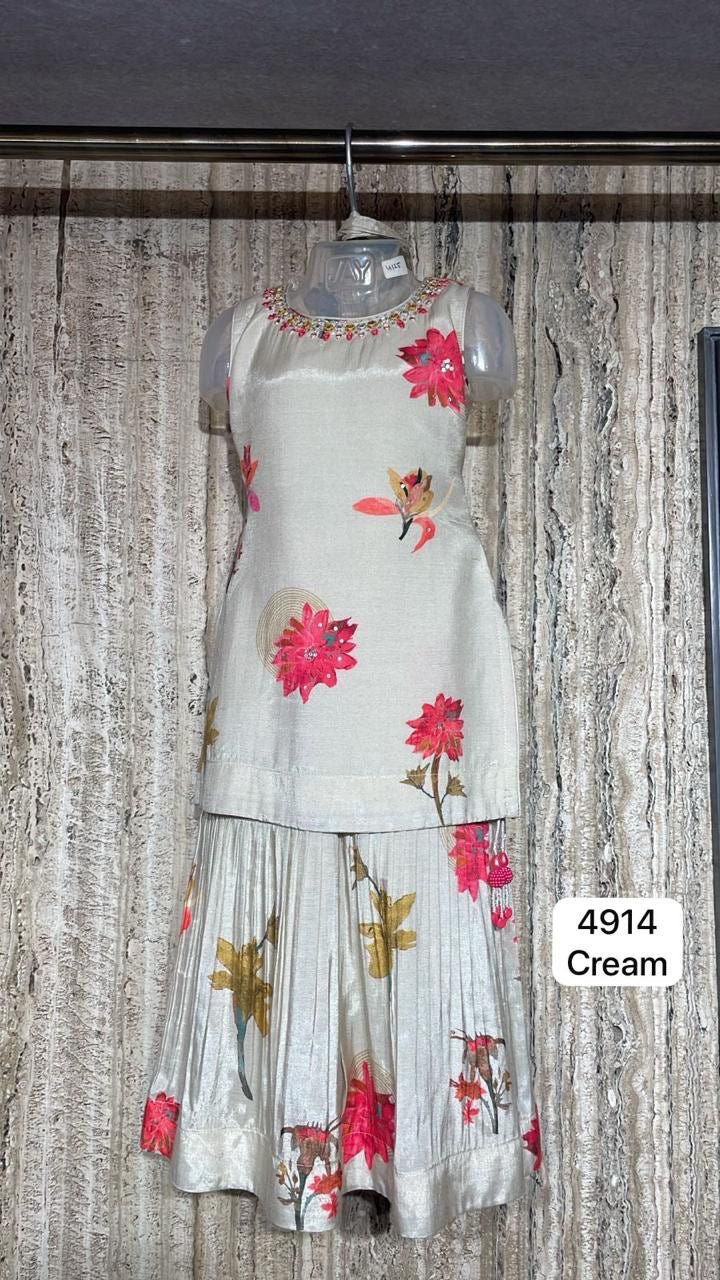 Cream Floral Kurti with Sharara Set for Girls – Festive & Party Wear (4914) - DWEEP SARA