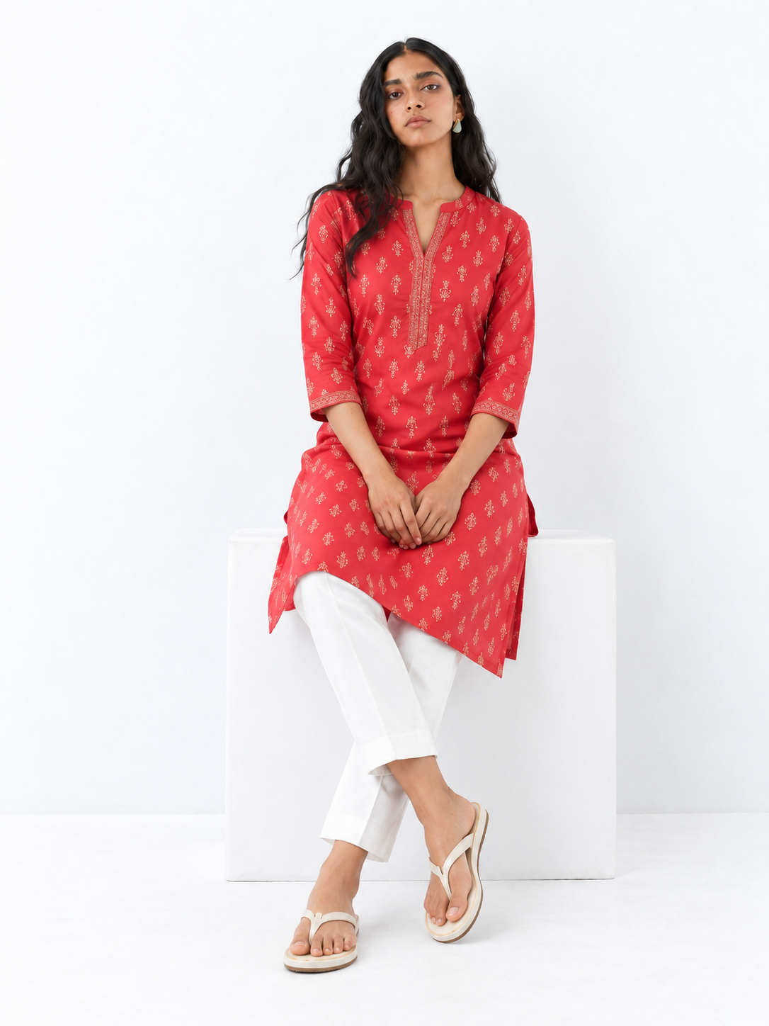 DWEEP SARA Red Printed Rayon Straight Kurta