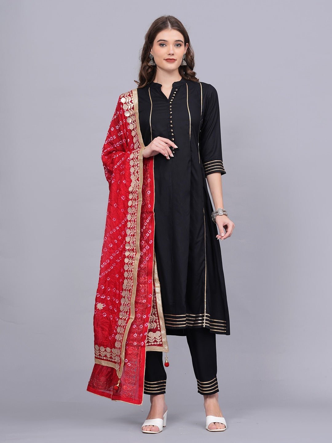 Dweep Sara Black & White Jaipuri Silk Bandhej Dupatta Rayon Slub Anarkali Suit Set - DWEEP SARA