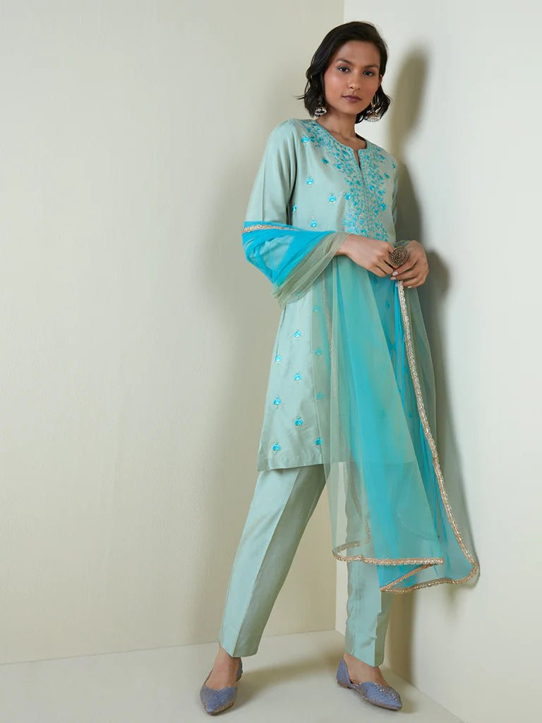 Dweep Sara Blue Embroidered Kurta Pant Set - DWEEP SARA