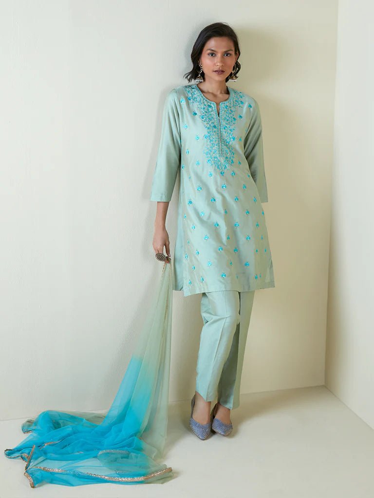 Dweep Sara Blue Embroidered Kurta Pant Set - DWEEP SARA