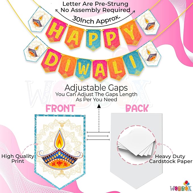 Dweep Sara Diwali Decoration Bunting Banner, Happy Diwali Multi Color Background With Golden Gliter Font, Diwali Decoration Item, Diwali Décor Items - DWEEP SARA