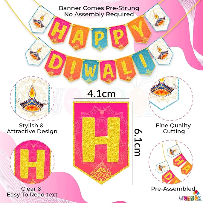 Dweep Sara Diwali Decoration Bunting Banner, Happy Diwali Multi Color Background With Golden Gliter Font, Diwali Decoration Item, Diwali Décor Items - DWEEP SARA