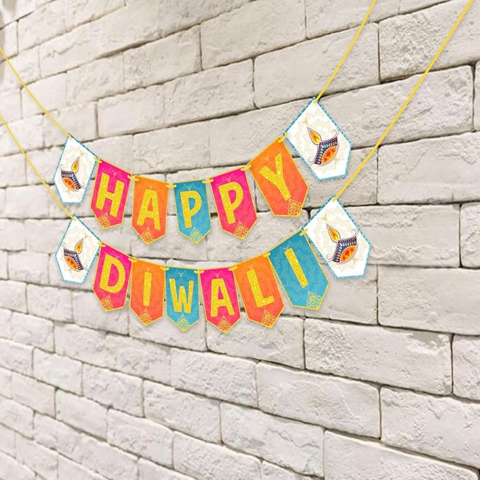 Dweep Sara Diwali Decoration Bunting Banner, Happy Diwali Multi Color Background With Golden Gliter Font, Diwali Decoration Item, Diwali Décor Items - DWEEP SARA