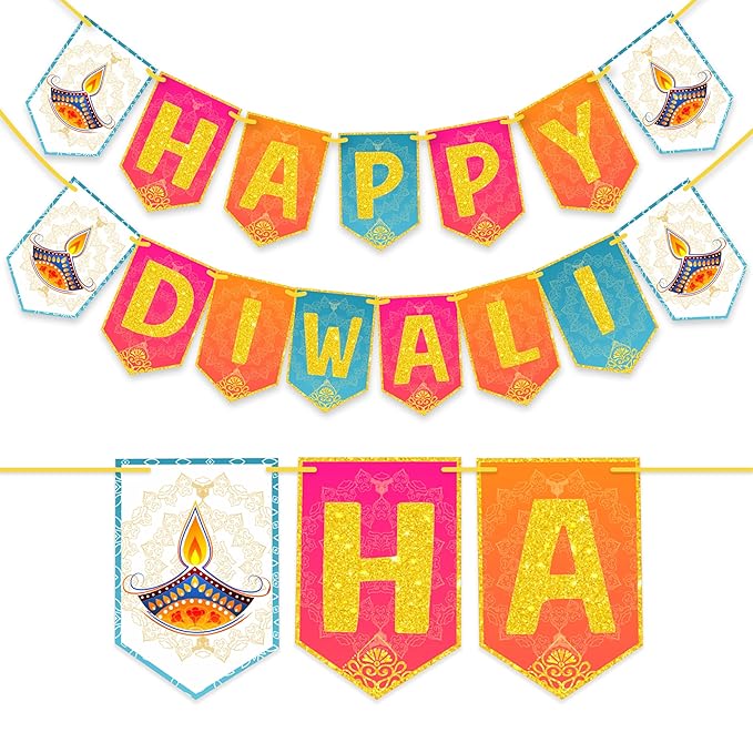 Dweep Sara Diwali Decoration Bunting Banner, Happy Diwali Multi Color Background With Golden Gliter Font, Diwali Decoration Item, Diwali Décor Items - DWEEP SARA