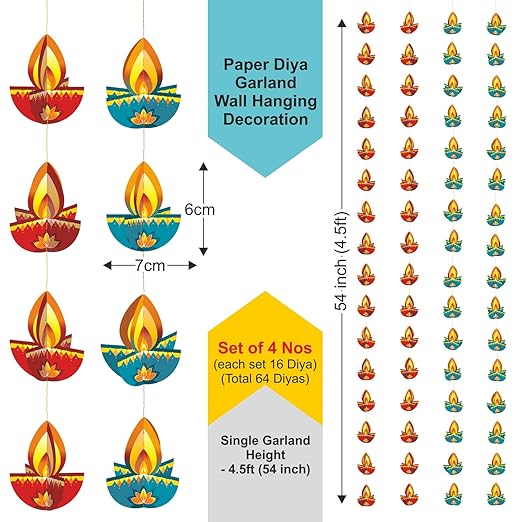 Dweep Sara Diya Hanging - (Pack of 4 Row ) Paper Festive Diwali Decoration for Home, Pooja & Office Decor - DWEEP SARA