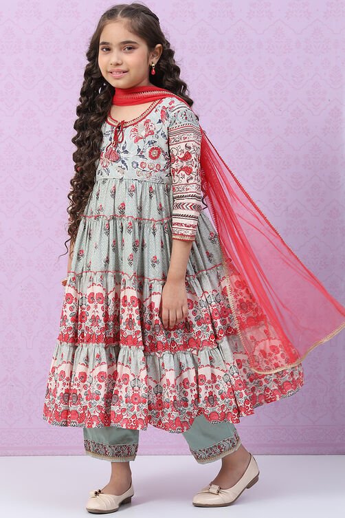 Dweep Sara Girls Readymade Smokey Blue Cotton Tiered Straught Ethnic Wear Kids Party wear KURTA PALAZZO SUIT SET - DWEEP SARA