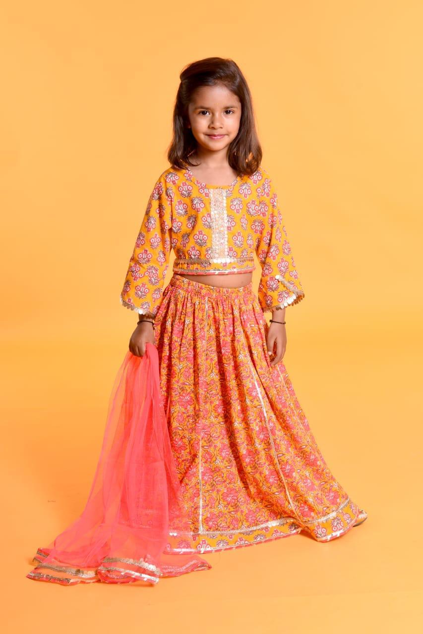 Dweep Sara Girls Readymade Yellow Pink Cotton Ethnic Wear Kids Party wear Lehenga Dupatta Set - DWEEP SARA