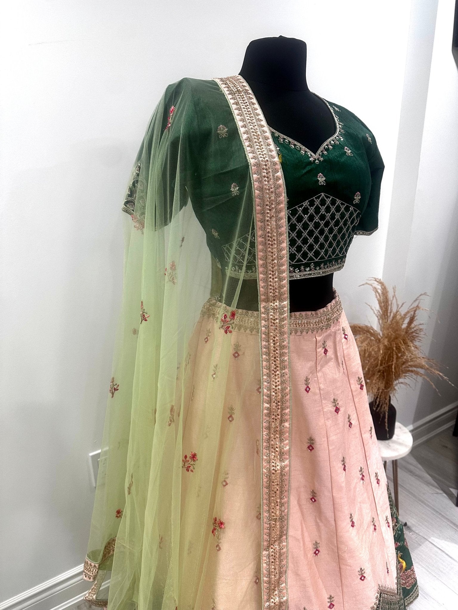 Dweep Sara Green Peacock Design traditional Gujrati Embroidered Peach Color half slevees Stitched and semi stitched Lehenga Dupatta for women - DWEEP SARA