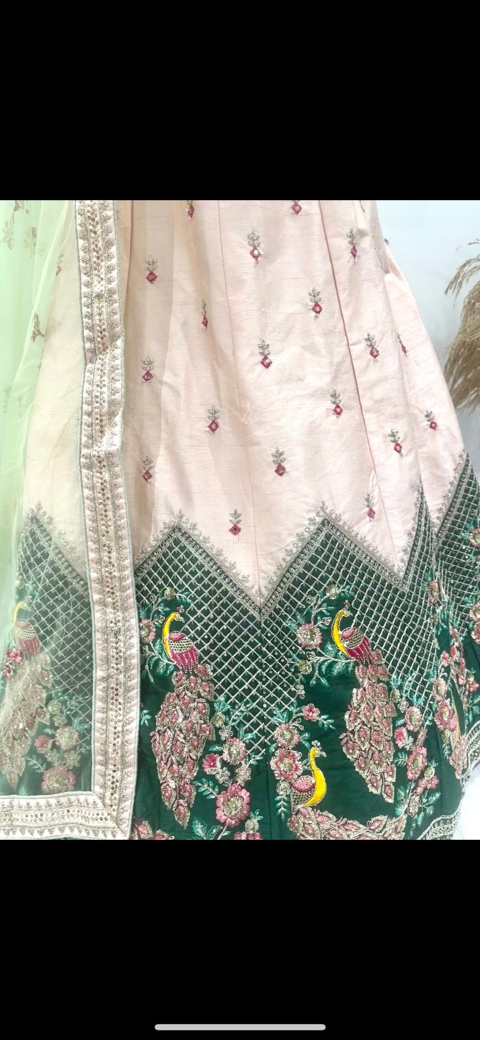 Dweep Sara Green Peacock Design traditional Gujrati Embroidered Peach Color half slevees Stitched and semi stitched Lehenga Dupatta for women - DWEEP SARA