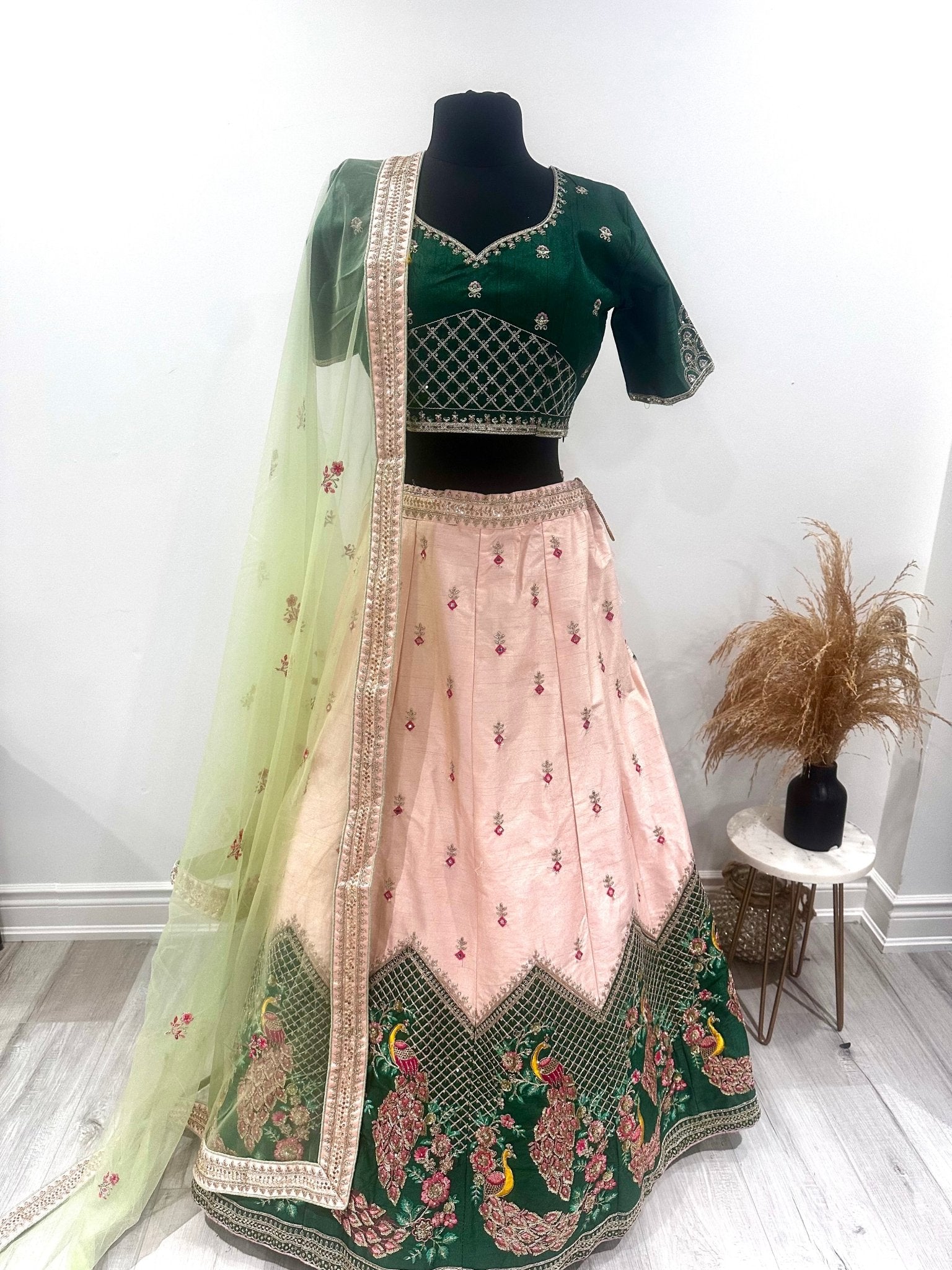 Dweep Sara Green Peacock Design traditional Gujrati Embroidered Peach Color half slevees Stitched and semi stitched Lehenga Dupatta for women - DWEEP SARA