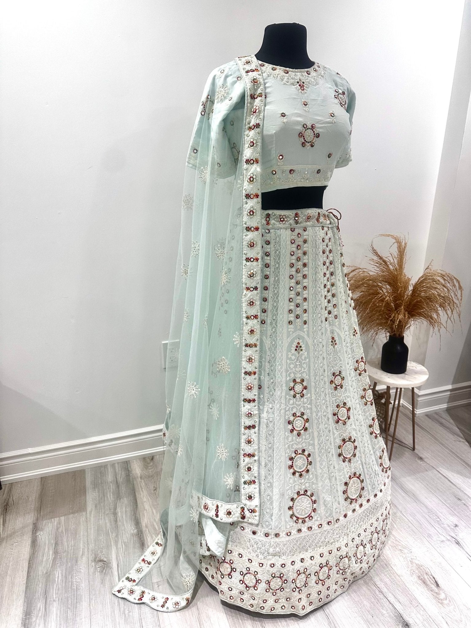 Dweep Sara Ice colour Chikankari heavy Embroidery Sequence Work traditional Stitched and Semi - Stitched Lehenga Choli Unstitch Blouse with Dupatta For Women - DWEEP SARA