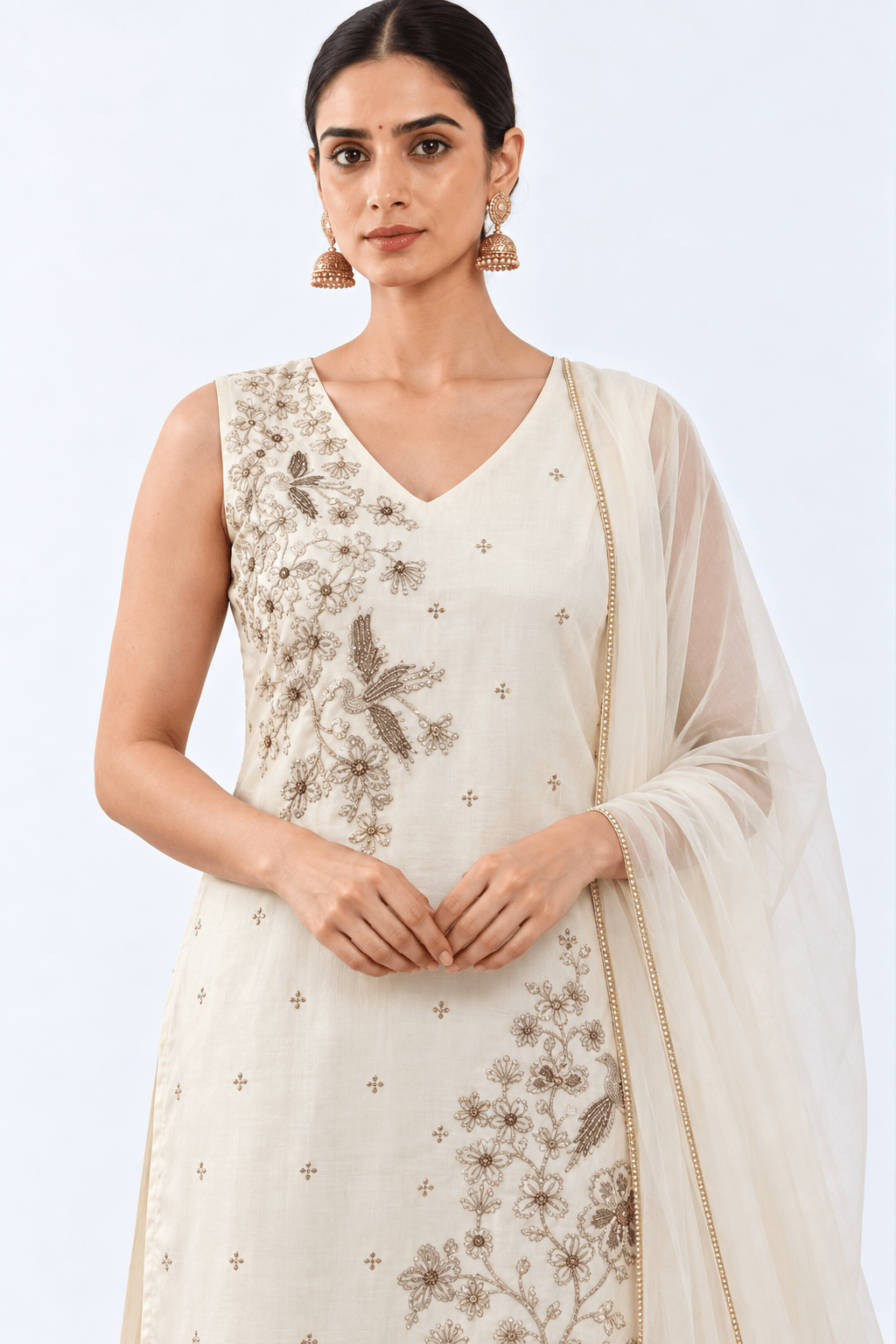 DWEEP SARA Ivory Embroidered Sleeveless Kurta Set with Pants & Dupatta - DWEEP SARA