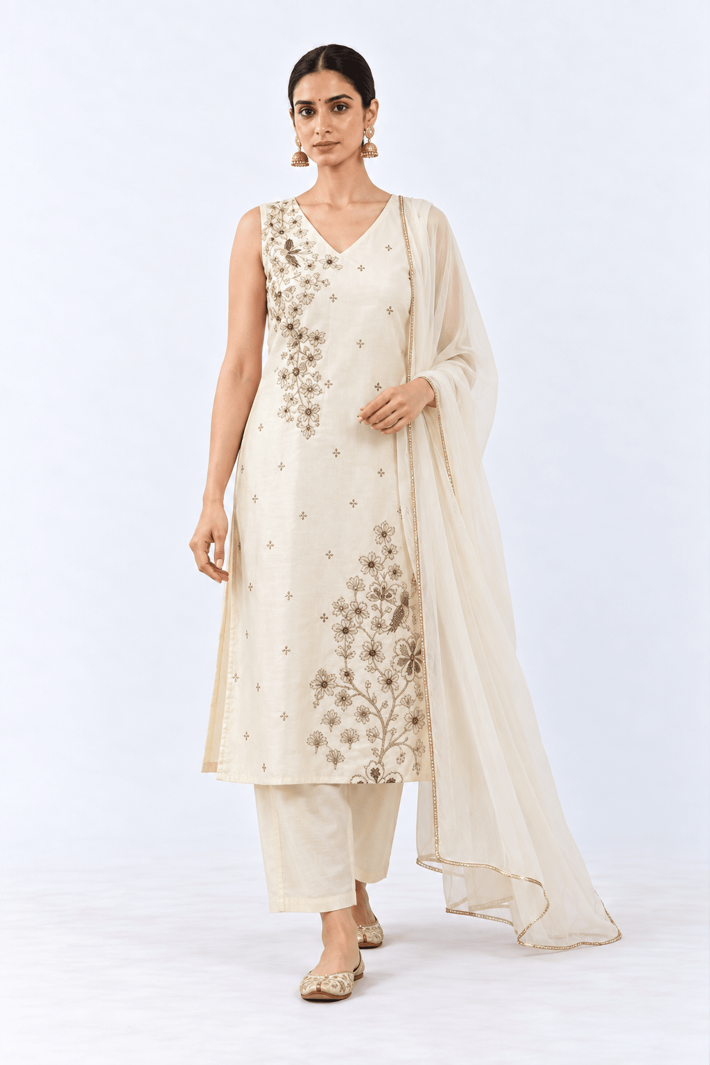 DWEEP SARA Ivory Embroidered Sleeveless Kurta Set with Pants & Dupatta - DWEEP SARA