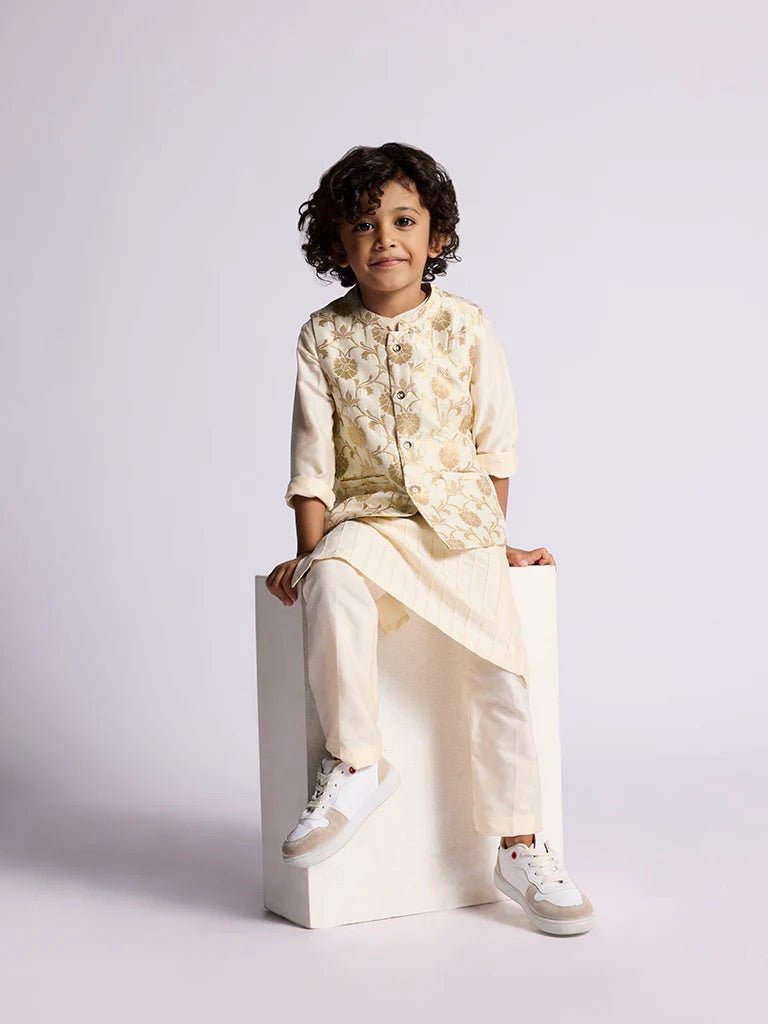 DWEEP SARA Kids Boys Ivory Floral Design Jacket, Kurta and Pants Set (2 - 8 years) - DWEEP SARA