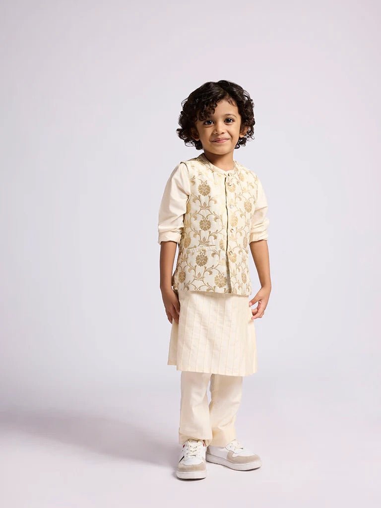 DWEEP SARA Kids Boys Ivory Floral Design Jacket, Kurta and Pants Set (2 - 8 years) - DWEEP SARA