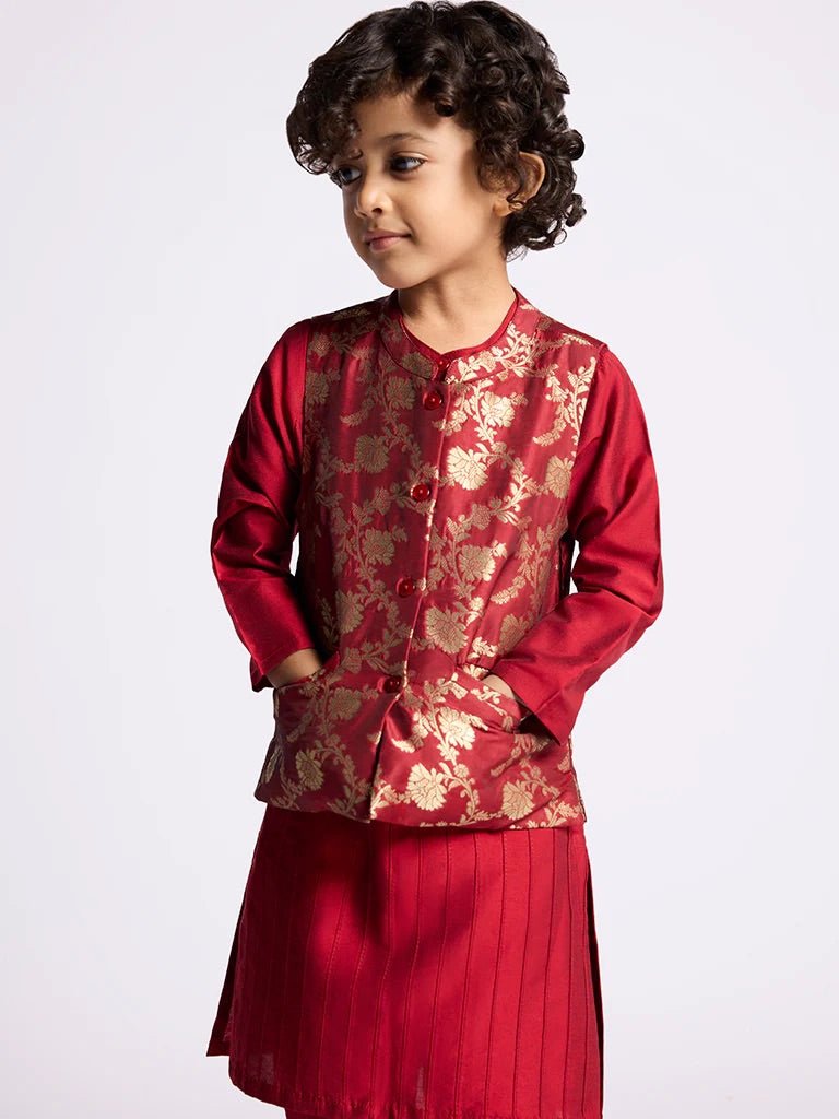 DWEEP SARA Kids Boys Red Silk Floral Design Jacket, Kurta and Pants Set (2 - 10 years) - DWEEP SARA