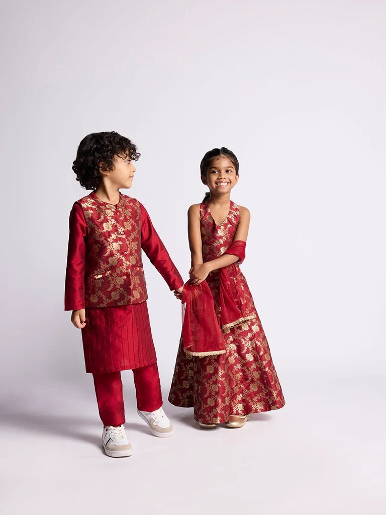 DWEEP SARA Kids Boys Red Silk Floral Design Jacket, Kurta and Pants Set (2 - 10 years) - DWEEP SARA