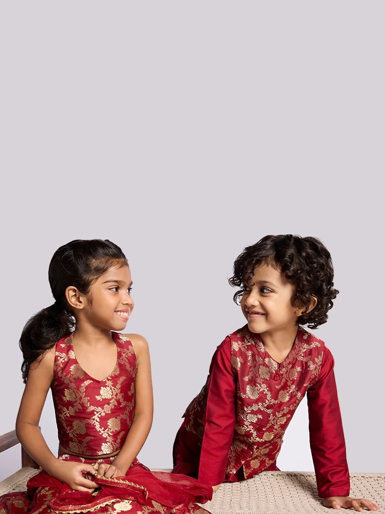 DWEEP SARA Kids Boys Red Silk Floral Design Jacket, Kurta and Pants Set (2 - 10 years) - DWEEP SARA