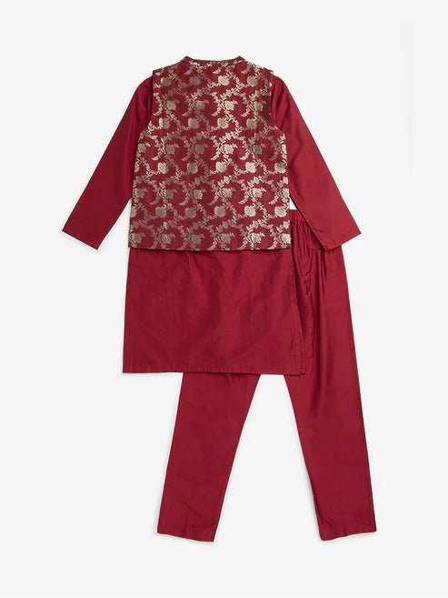 DWEEP SARA Kids Boys Red Silk Floral Design Jacket, Kurta and Pants Set (2 - 10 years) - DWEEP SARA