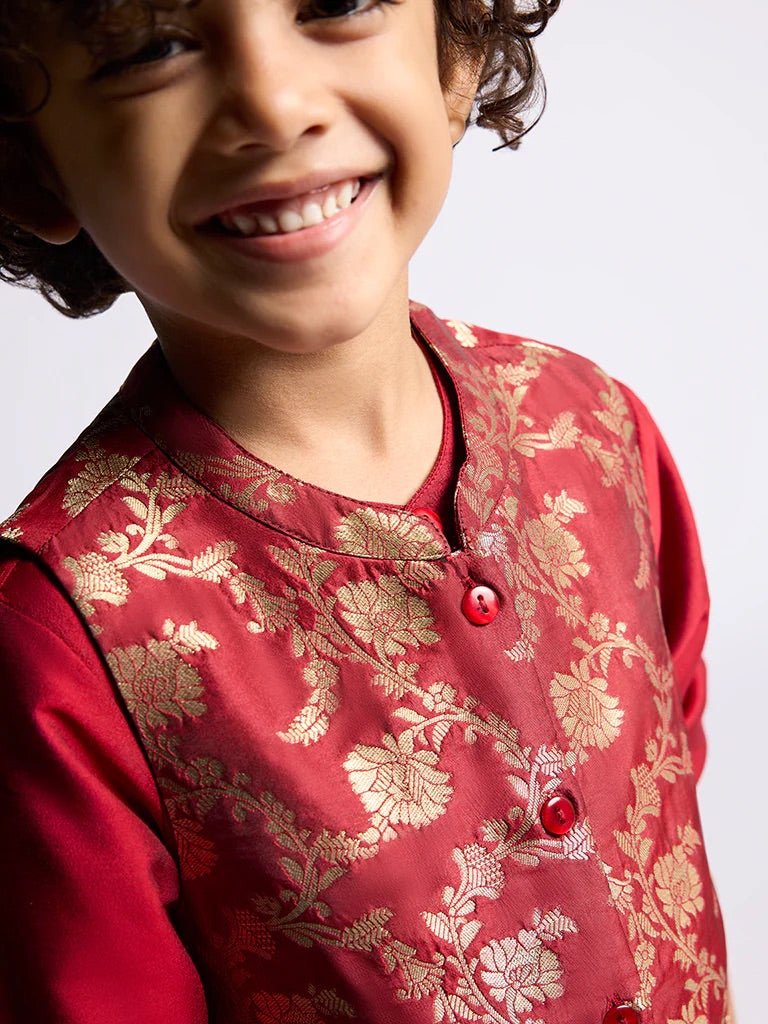 DWEEP SARA Kids Boys Red Silk Floral Design Jacket, Kurta and Pants Set (2 - 10 years) - DWEEP SARA