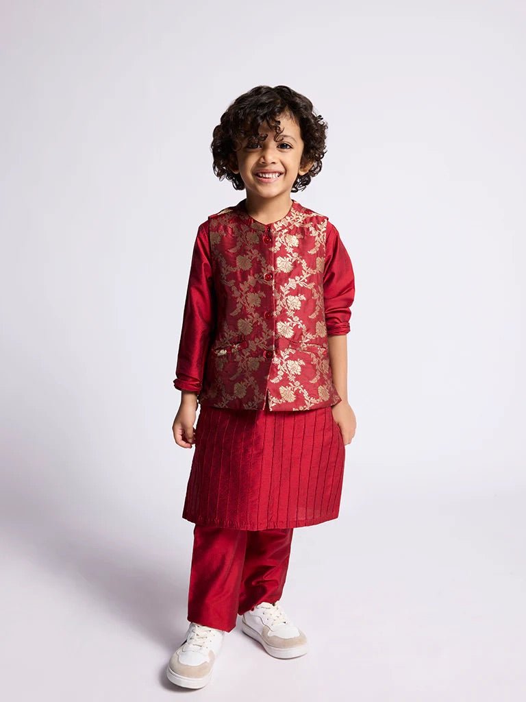 DWEEP SARA Kids Boys Red Silk Floral Design Jacket, Kurta and Pants Set (2 - 10 years) - DWEEP SARA