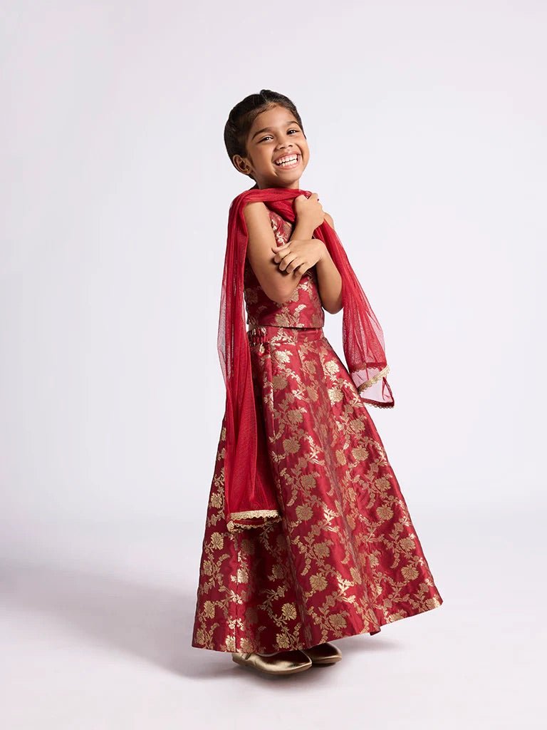 Dweep Sara Kids Girls Maroon Floral Design Ghagra, Choli and Dupatta Set (2 - 10 years) - DWEEP SARA