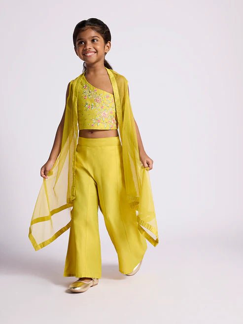 Dweep Sara Kids Girls Yellow Floral Embroidered Top with Palazzos and Shrug Set (2 - 10 yrs) - DWEEP SARA