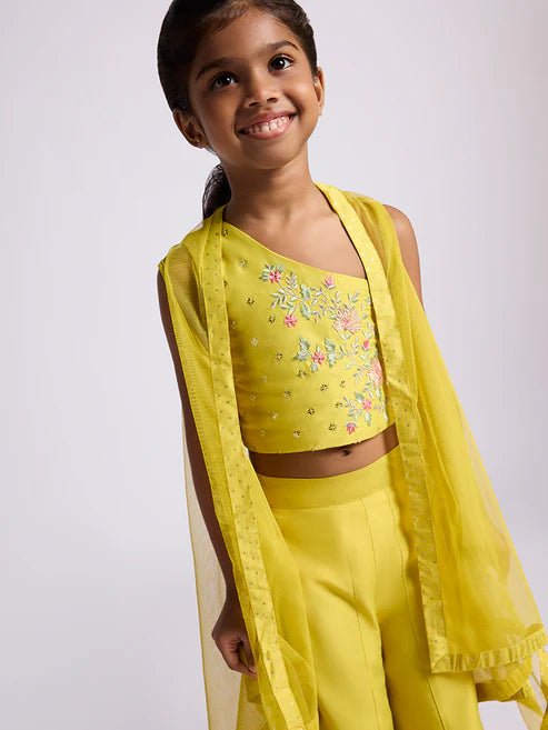 Dweep Sara Kids Girls Yellow Floral Embroidered Top with Palazzos and Shrug Set (2 - 10 yrs) - DWEEP SARA