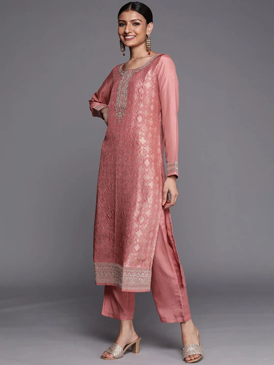 Dweep Sara Peach Self Design Silk Blend Straight Suit Set - DWEEP SARA