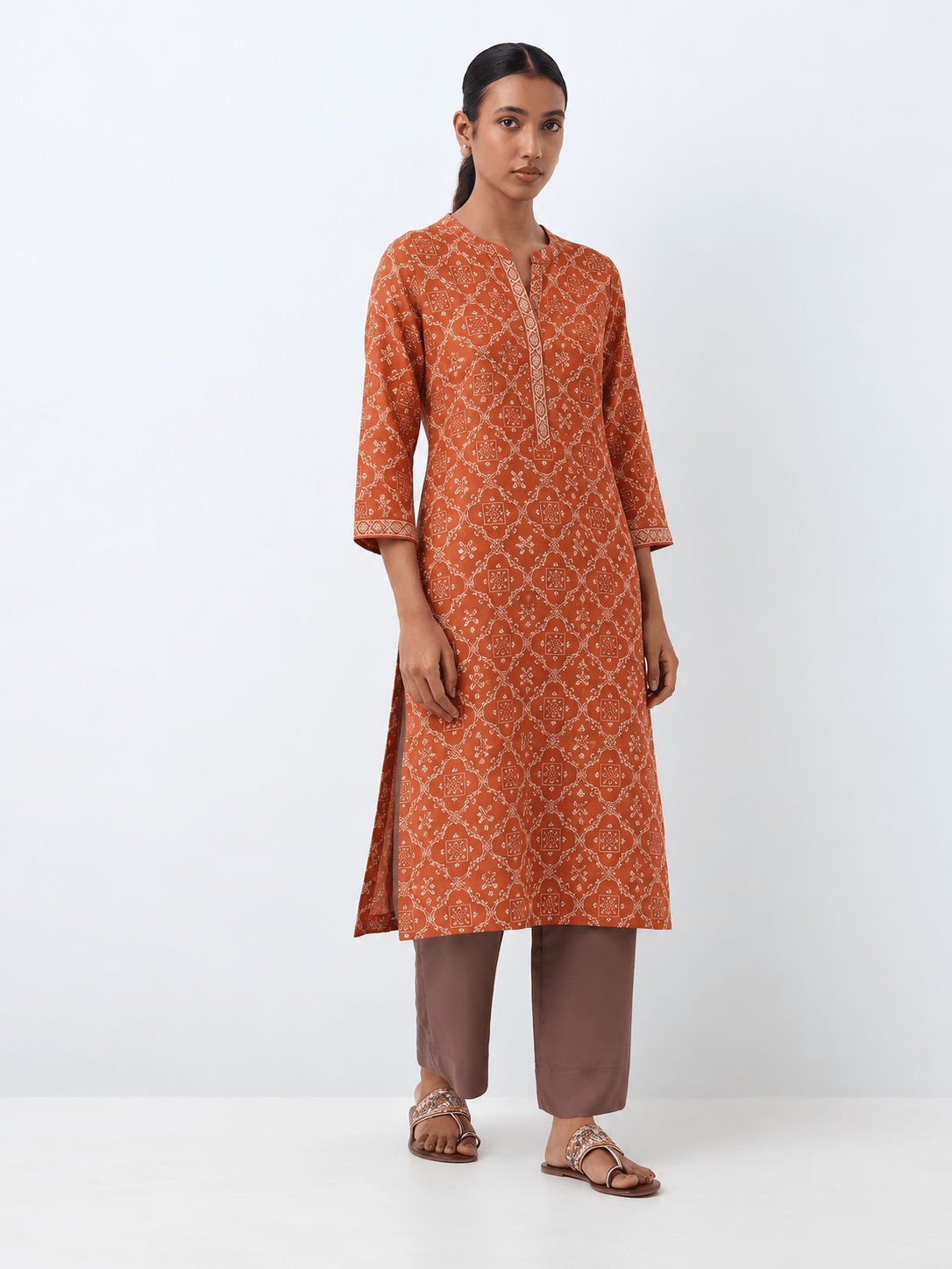 DWEEP SARA Rust Orange Printed Rayon Straight Kurta - DWEEP SARA
