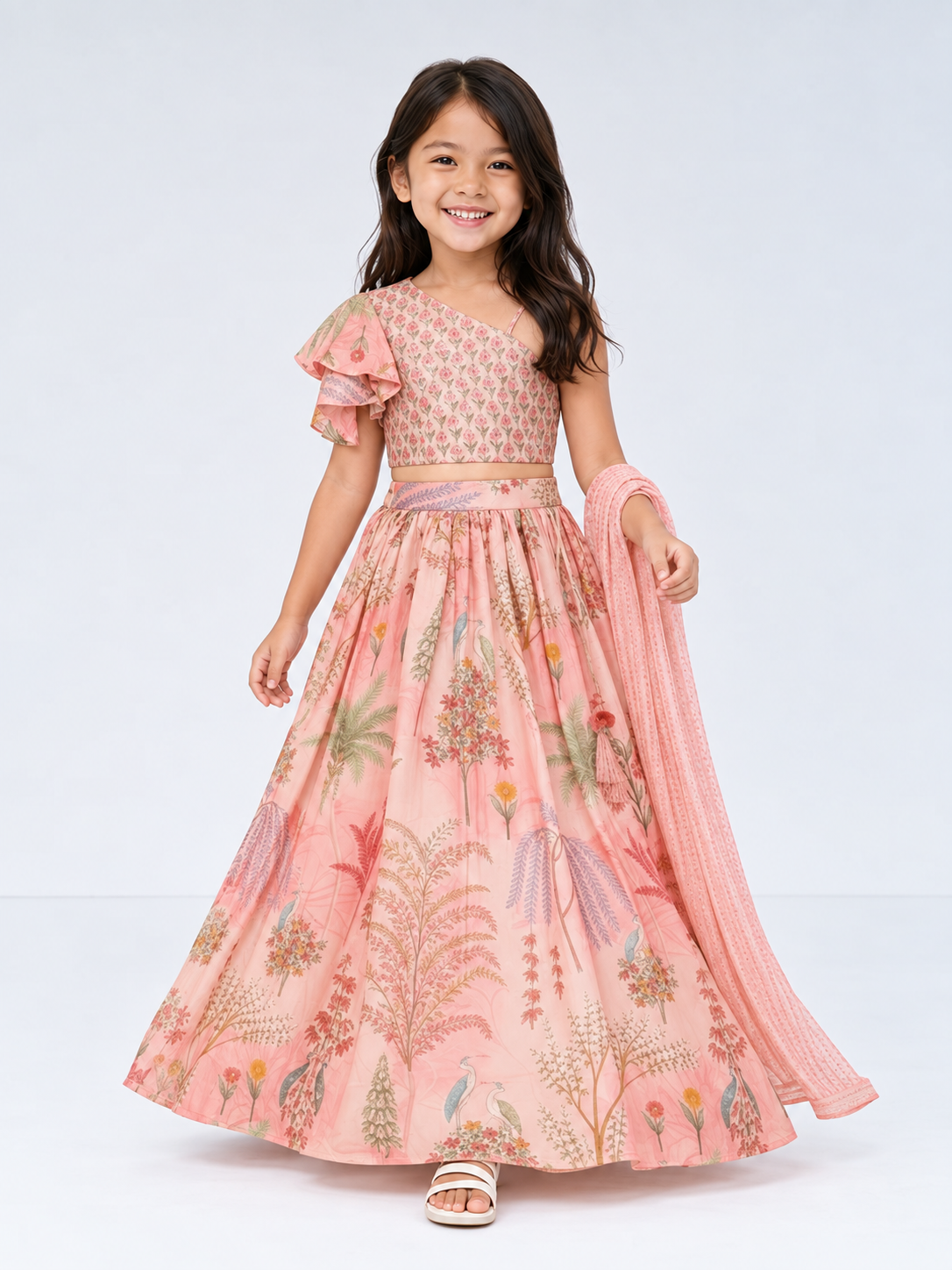 Elegant Peach Floral Printed Kids Lehenga Set