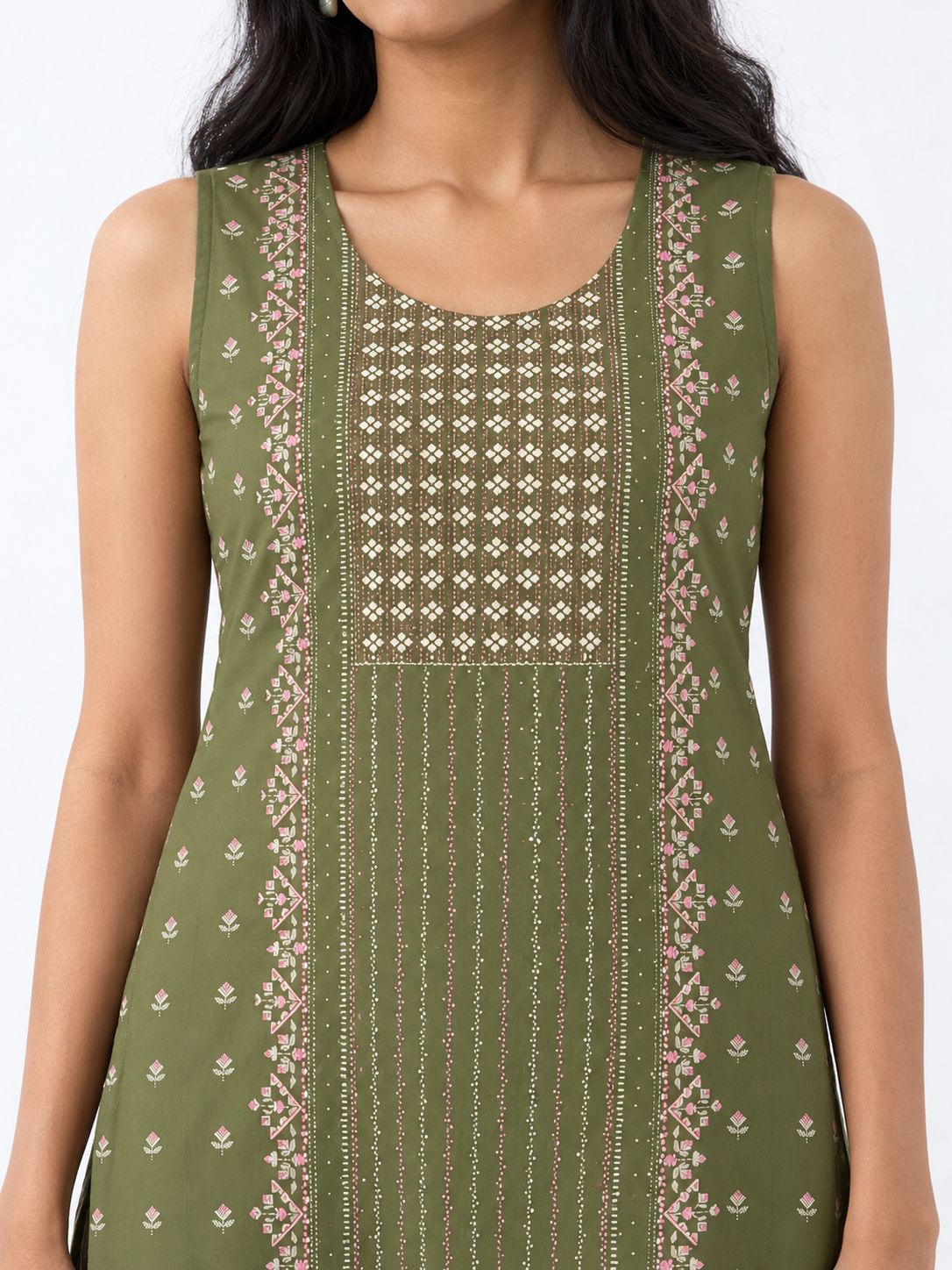 Green Printed Rayon Straight Kurta with Stone Detailing