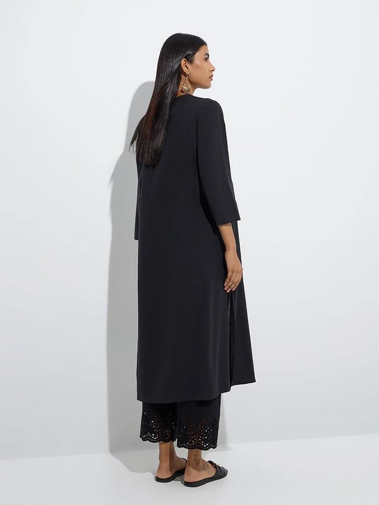 Elegant Black Embroidered Kurta With Pocket - DWEEP SARA