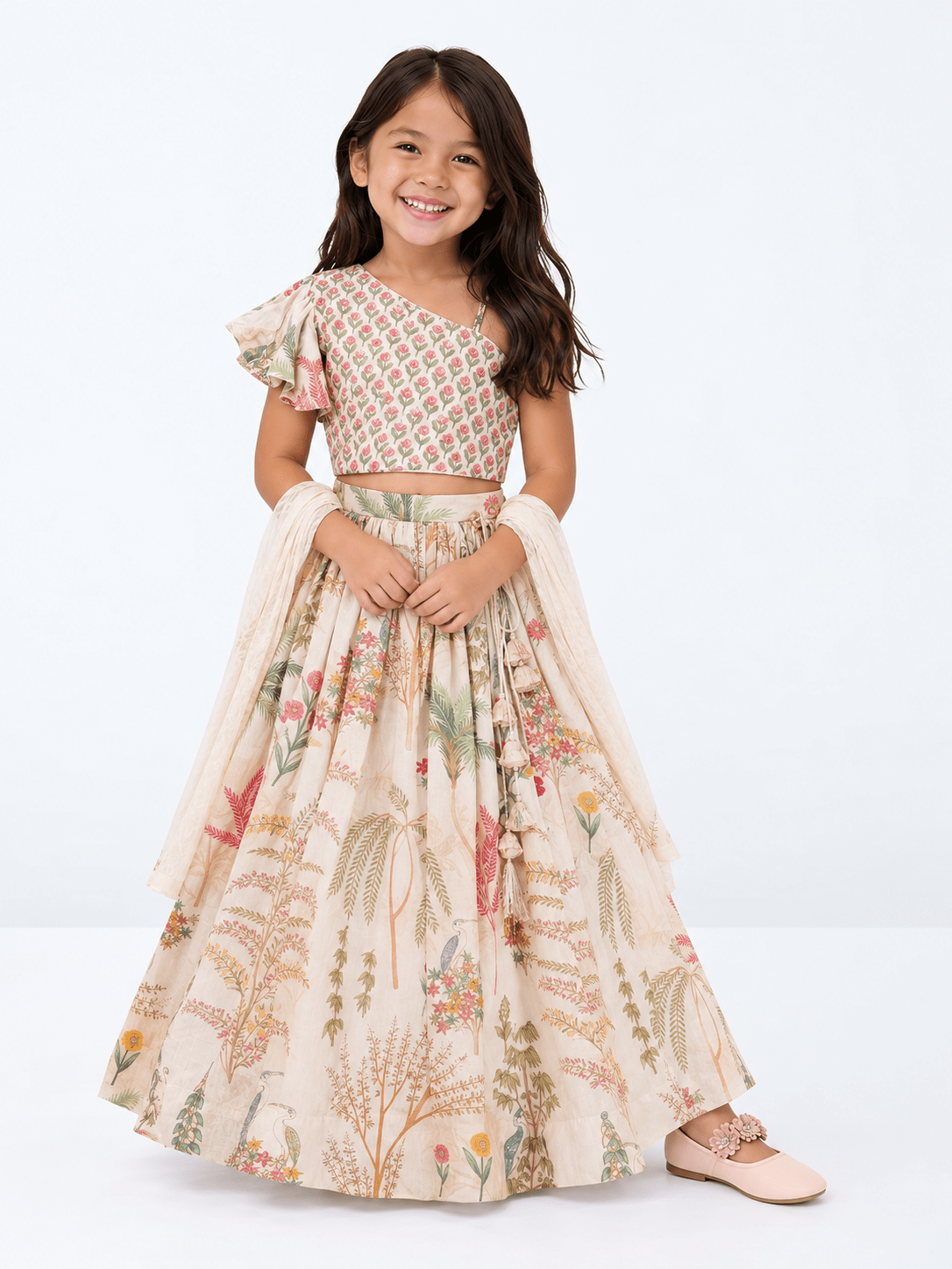 Elegant Cream Floral Printed Kids Lehenga Set – Style 4927 - DWEEP SARA