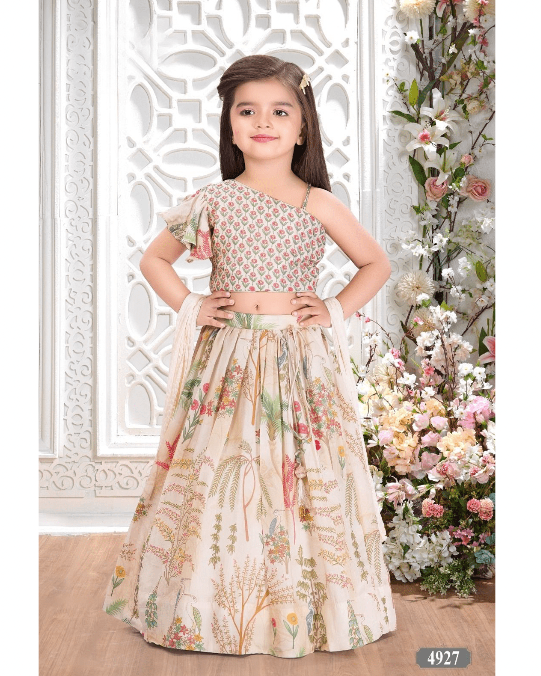 Elegant Cream Floral Printed Kids Lehenga Set – Style 4927 - DWEEP SARA