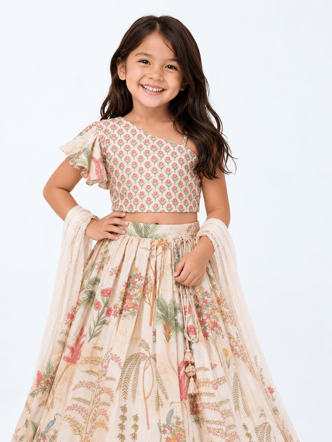 Elegant Cream Floral Printed Kids Lehenga Set – Style 4927 - DWEEP SARA