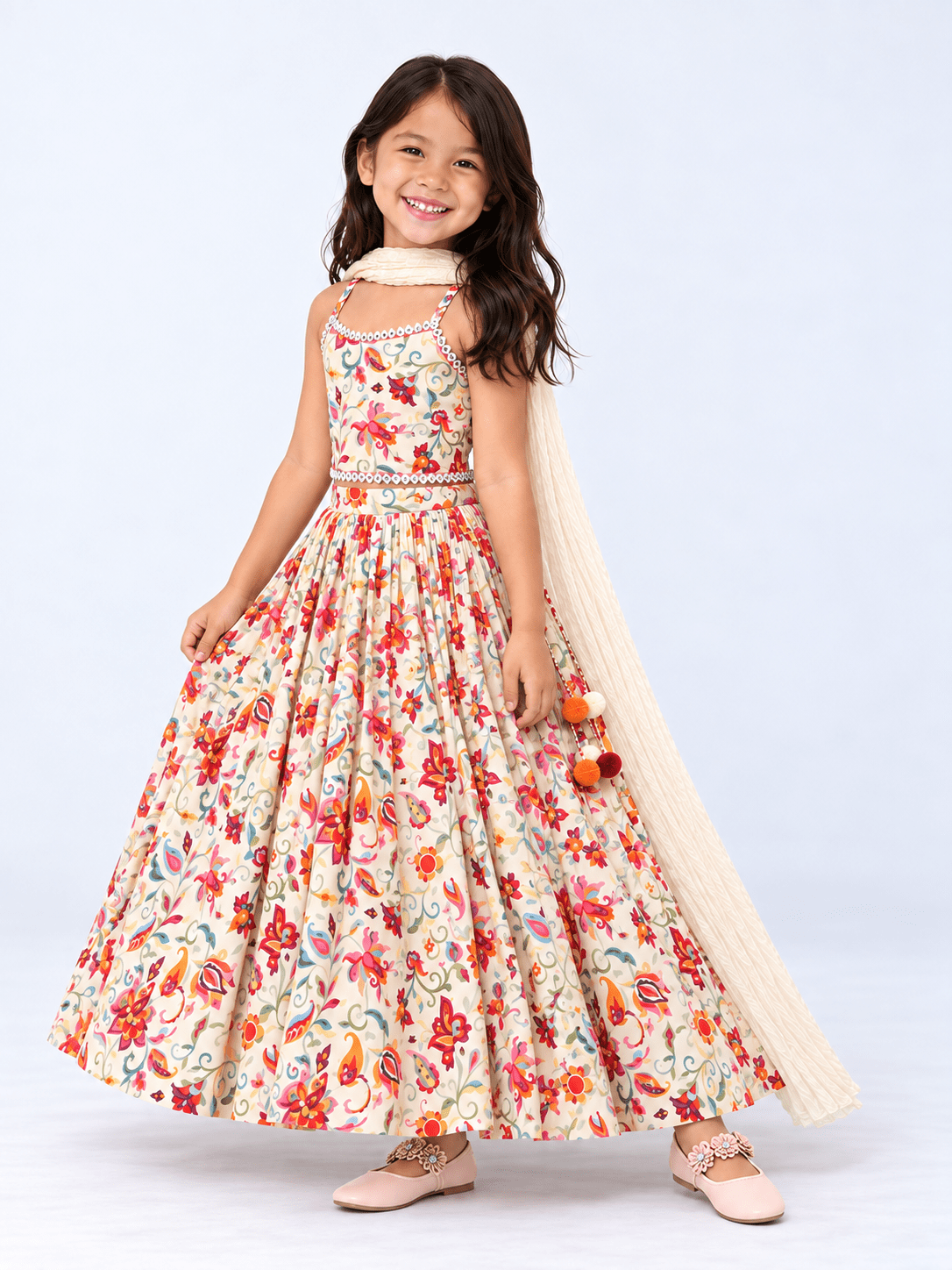 Elegant Floral Embroidery Lehenga Choli for Girls – Cream Multicolor - DWEEP SARA