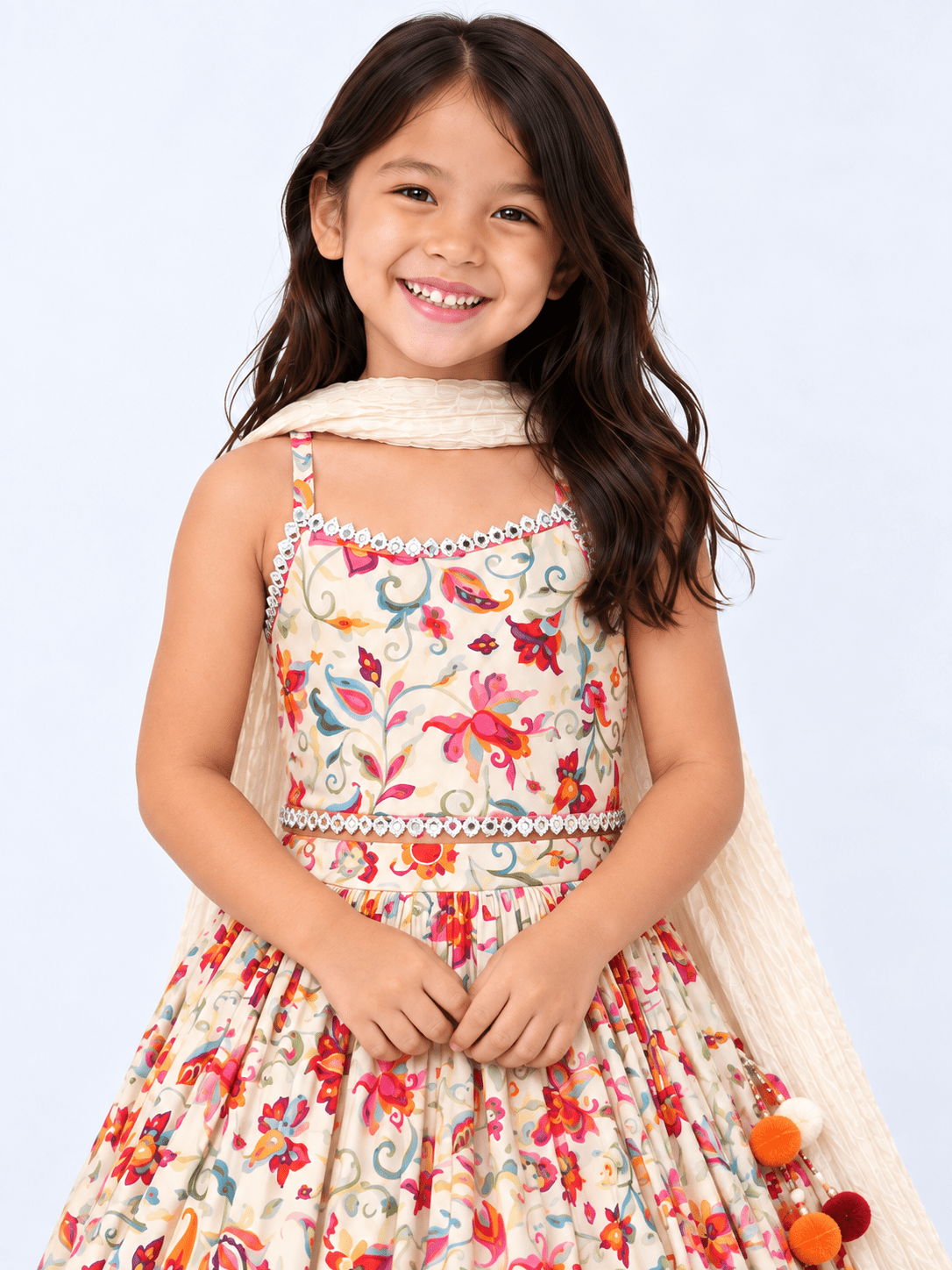 Elegant Floral Embroidery Lehenga Choli for Girls – Cream Multicolor - DWEEP SARA