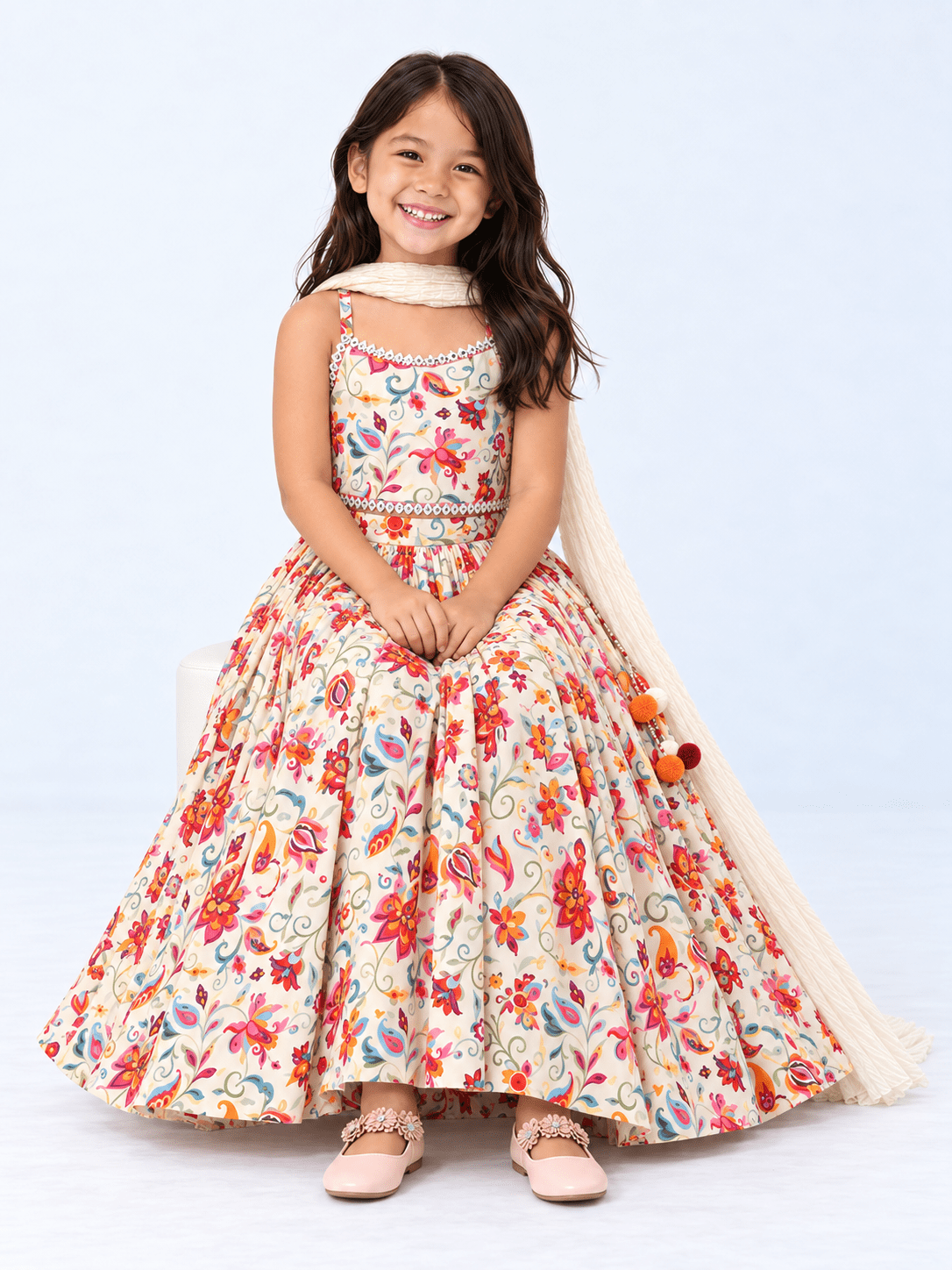 Elegant Floral Embroidery Lehenga Choli for Girls – Cream Multicolor - DWEEP SARA
