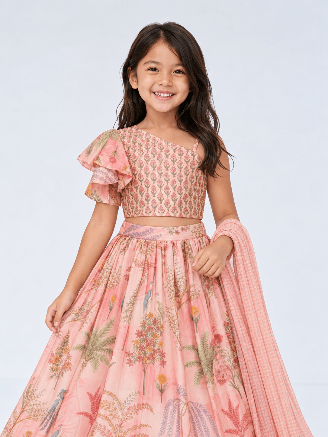 Elegant Peach Floral Printed Kids Lehenga Set - DWEEP SARA