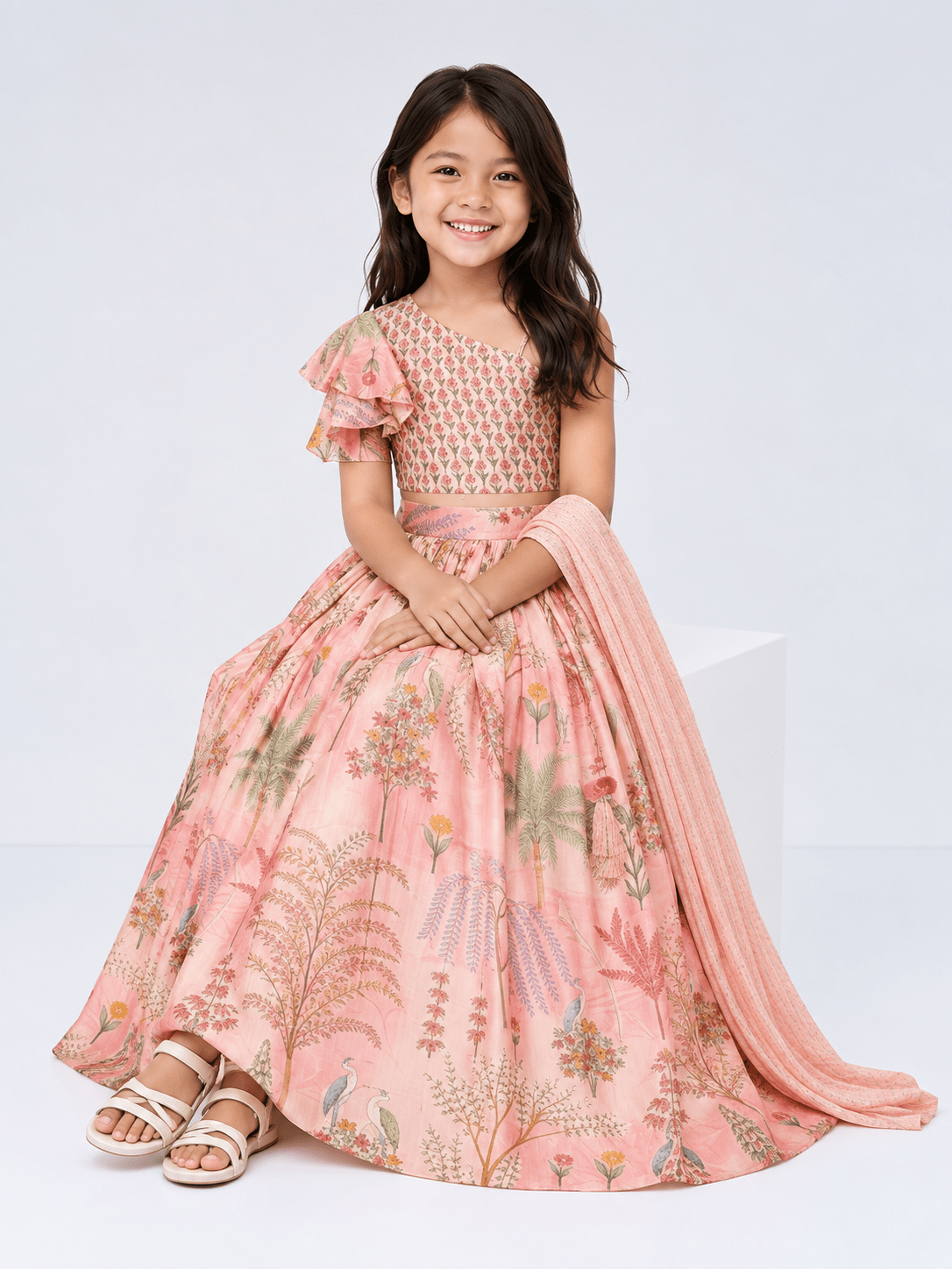 Elegant Peach Floral Printed Kids Lehenga Set - DWEEP SARA