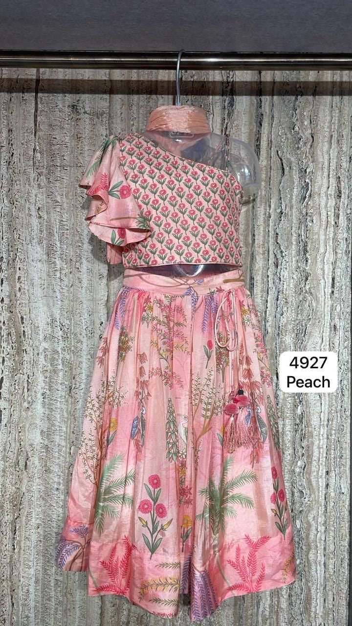 Elegant Peach Floral Printed Kids Lehenga Set – Style 4927 - DWEEP SARA