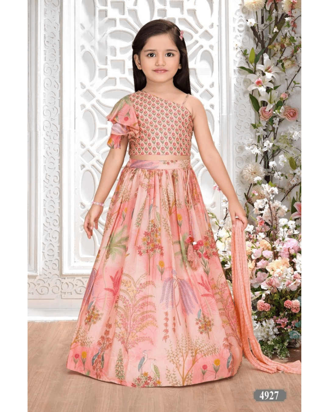 Elegant Peach Floral Printed Kids Lehenga Set – Style 4927 - DWEEP SARA