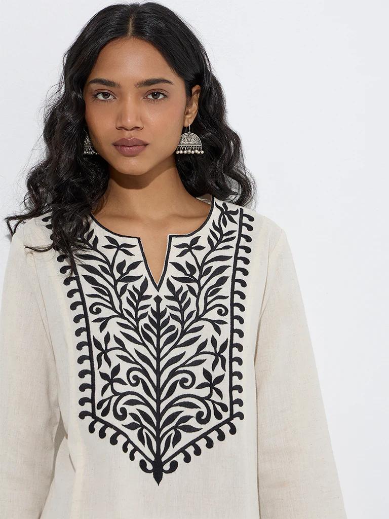 Elegant White Embroidered Kurta With Pocket - DWEEP SARA