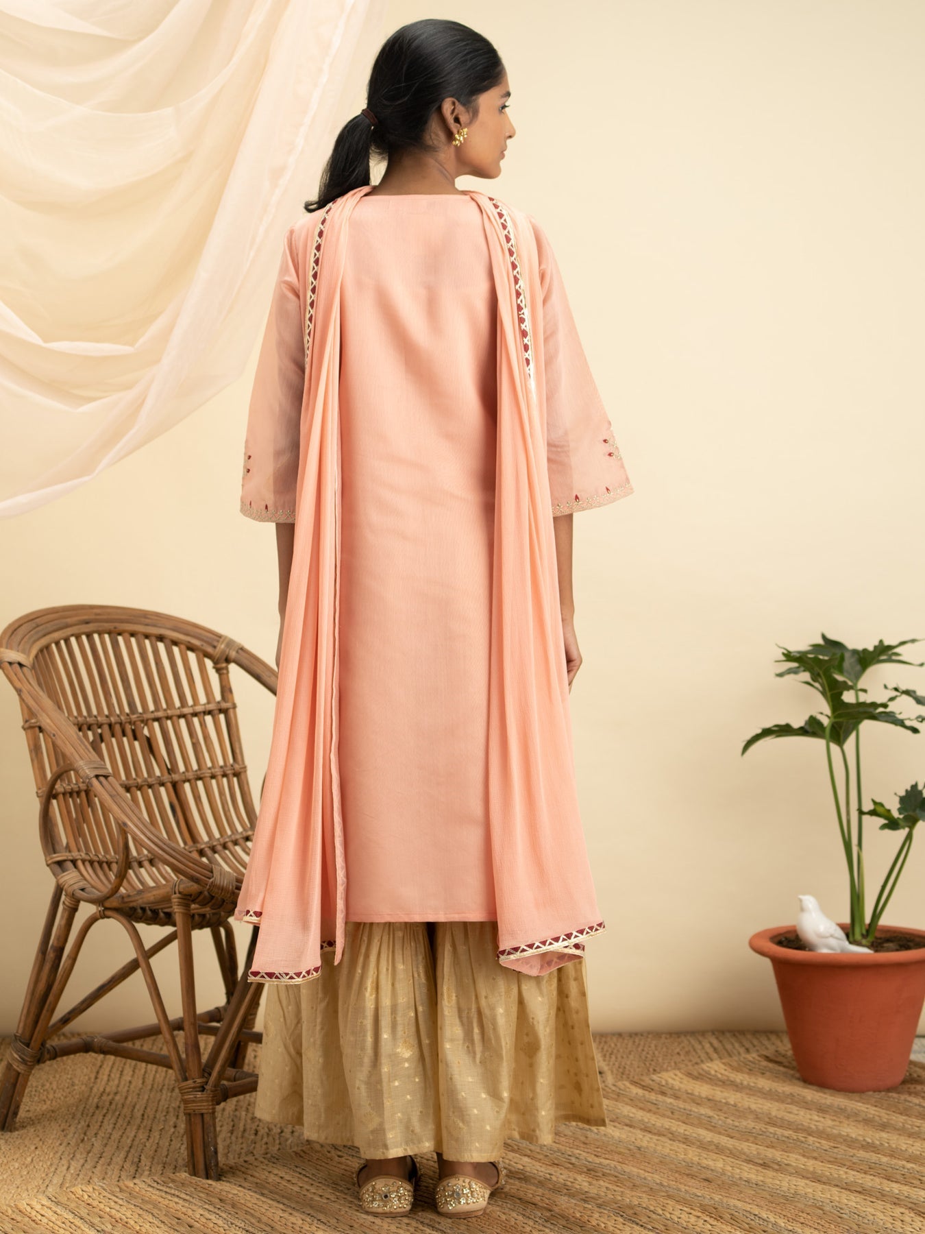 Embroidered Pink & Golden Chanderi Silk Suit Set - DWEEP SARA