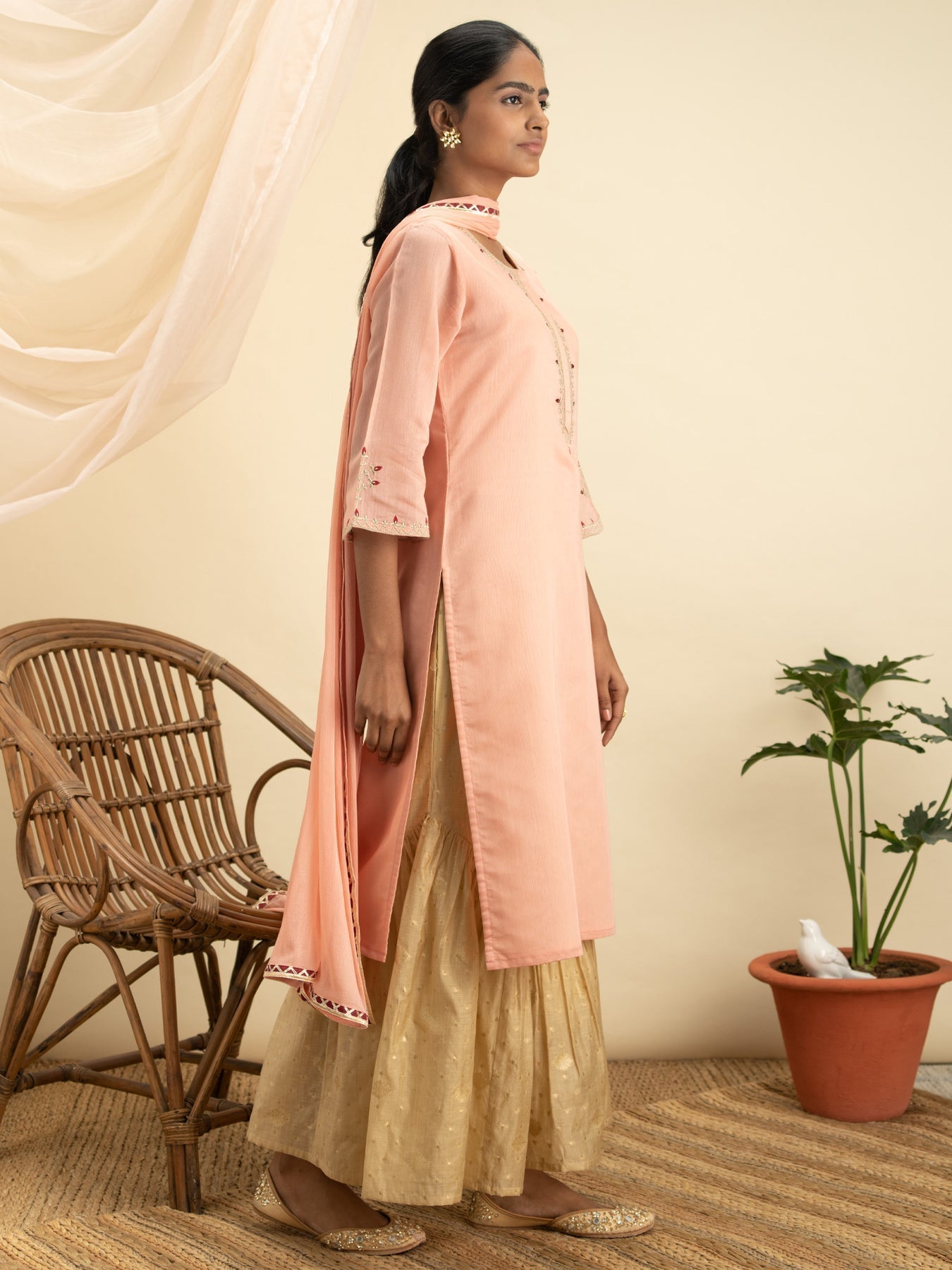 Embroidered Pink & Golden Chanderi Silk Suit Set - DWEEP SARA