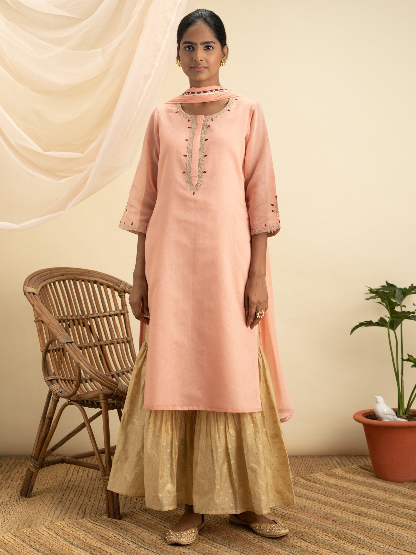 Embroidered Pink & Golden Chanderi Silk Suit Set - DWEEP SARA