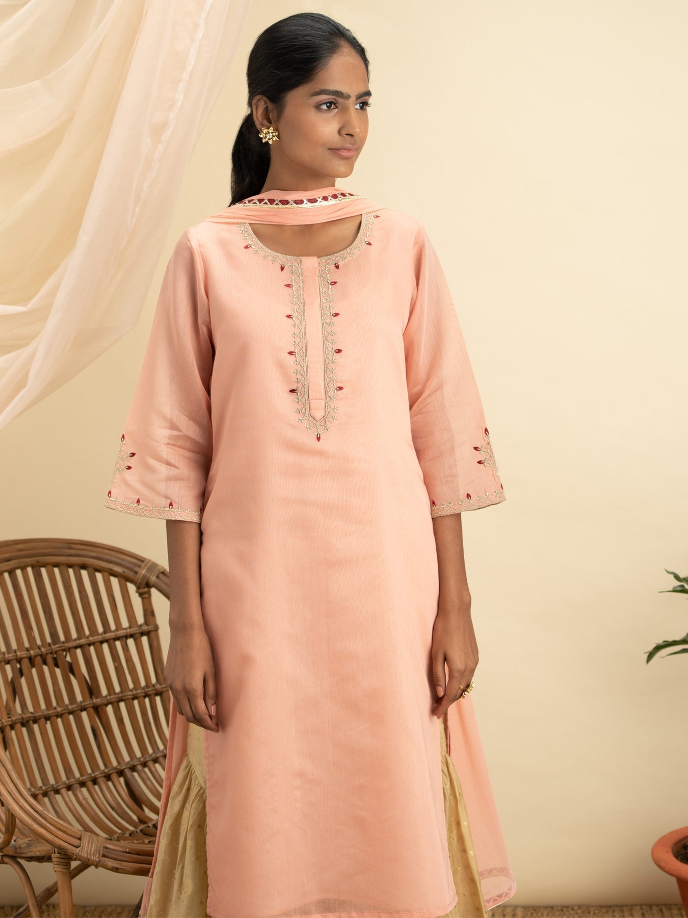 Embroidered Pink & Golden Chanderi Silk Suit Set - DWEEP SARA