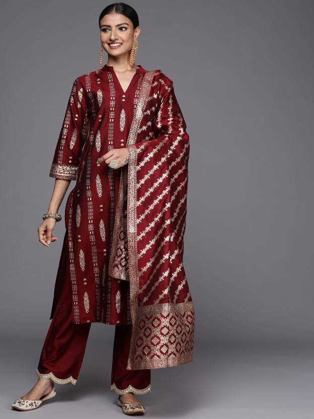 Ethnic Motifs Chanderi Silk Maroon Suit Set - DWEEP SARA